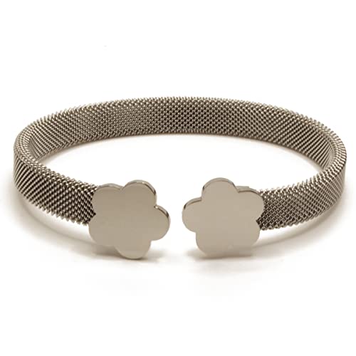 CAOREMA Pulsera Mujer de Malla de Acero Inoxidable Antialérgico. Brazalete de Mujer en Color Plateado Ajustable. Brazalete Esclava para Mujer. Pulsera de Malla de Acero para Mujer con Detalle Liso Cover
