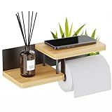 Hovea - Portarrollos de Papel Higiénico de Madera - Sin Taladro - 2 Estantes - Montaje en Pared - Fijación Adhesiva o con Tornillos - Soporte Rollo - Accesorio Baño - Negro y Bambú - PPT130