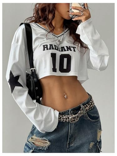GORGLITTER Women's Letter Graphic Mesh Jersey Shirts Y2k Long Sleeve Striped V Neck Cropped Top4