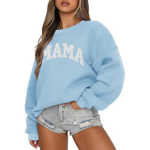 LOMON Crewneck Sweatshirt for Women Casual Oversized Pullover Hoodies Long Sleeve Fleece Tops Sweater Light Blue Letter Medium