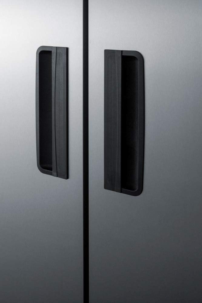 Close-up of the recessed black door handles on the Summit Appliance ARS49ML refrigerator.