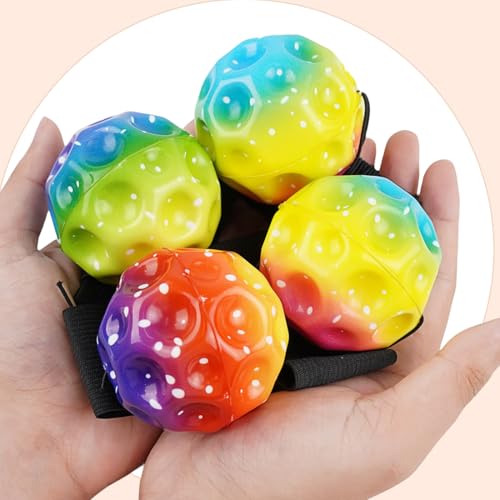 Meleager Space Ball mit Seil, Handgelenkball mit Gummiband, 4 Stück Astronomische Sprungbälle, Mehrfarbig Moon Bouncing Ball, Sportball für Spiele und Training