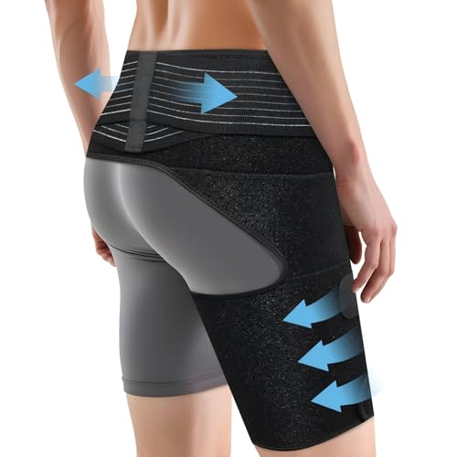 SOLOEVER Hip Brace for Women & Men Sciatica Pain Relief Devices Adjustable Compression Wrap Support for Arthritis Pulled Thigh Hip Fler Strain Groin Injury Hamstring Pull (Black Right)