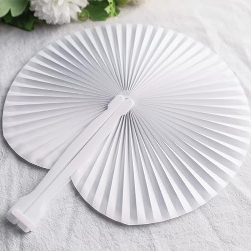 JOHOUSE 12PCS Folding Handheld Fans, White Paper Fans Bulk Round Shaped Accordion Fans with Plastic Handle for Wedding Birthday Party DIY Supplies