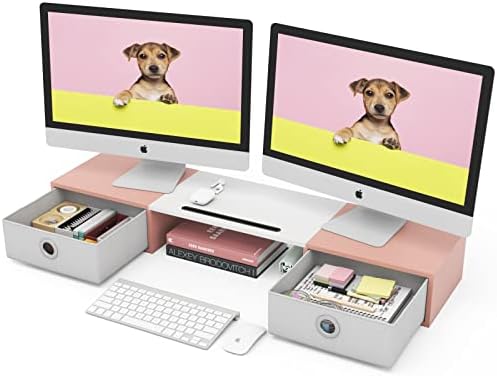 WESTREE Dual Monitor Stand Riser with Two Drawers, Extra Large Storage Monitor Stand for 2 Monitors, Computer Monitor Stand with Solt, Desktop Oraganizer Stand for Computer,Laptop,Screen,Printer,TV