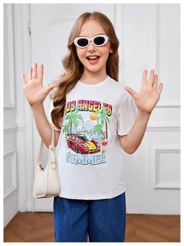 Image of RoseSeek Girl's Graphic Drop Shoulder Star Print Tee Tops Short Sleeve Crew Neck Summer Shirts