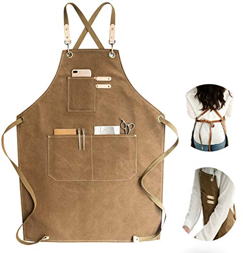 Chef Apron, Cotton Canvas Cross Back Adjustable Apron with Pockets for Women