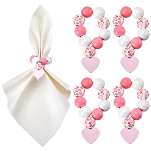 SUNNYCLUE 6 set di Porta Tovaglioli Anelli per Tovaglioli Set di Anelli per Tovaglioli Anello per Tovaglioli con Perline Romantico Cuore D'Amore Perline di Legno Rosa Porta Tovaglioli con Fibbia per N