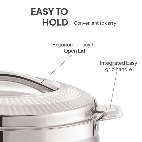 Image of CELLO Aroma 2000 Insulated Stainless Steel Casserole Hot Pot Box for Daily Use 2000 ml Silver | Keeps Food Hot & Warms for Long Hours, Food Grade Double Wall PU Insulated Roti Rice Hot Pot Casserole