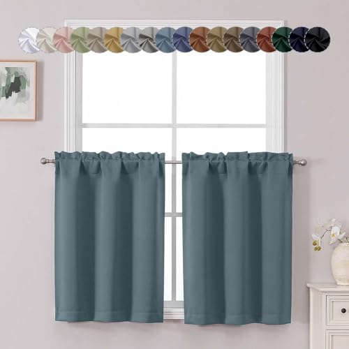 Chyhomenyc Stone Blue Short Blackout Curtains 30 Inch Length, Small Kitchen Curtain Tier Rod Pocket Half Window Curtains for Bathroom Basement Cabinet Camper RV Bunk, 2 PCS, Each 30" Wx30 L