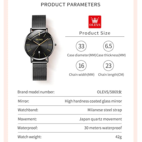 Olevs Ladies Watches Black Women's Watch Luxury Dress Women's Wrist Watches Stainless Steel Mesh Band Waterproof Watches For Women Minimalist Ultra Thin Small Watches Reloj Para Mujer #TOP4