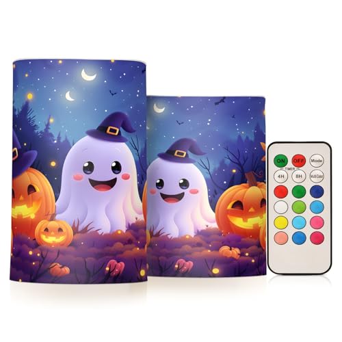 Image of Flickering Flameless Candles, Halloween Ghosts Pumpkins LED Candles with Remote Timer, Set of 2 Battery Operated Candle for Valentine Wedding Birthday