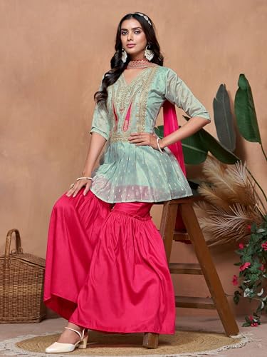 Image of EthnicJunction Womens Chanderi Silk Embroidered A-Line Kurta with Sharara & Dupatta | sharara Set | Wedding Outfit | Heavy Outfit