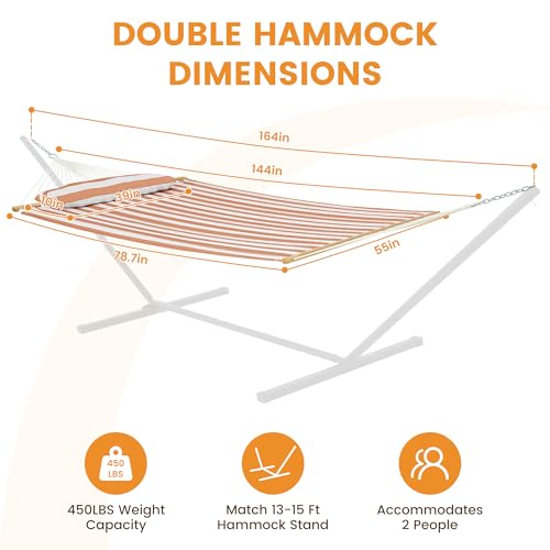 Image of Lazy Daze 12 FT Quilted Double Hammock with Spreader Bar, 2-Person, Outdoor Hammock for Patio, Poolside, Backyard, Beach, 450 lbs Capacity, Beige White