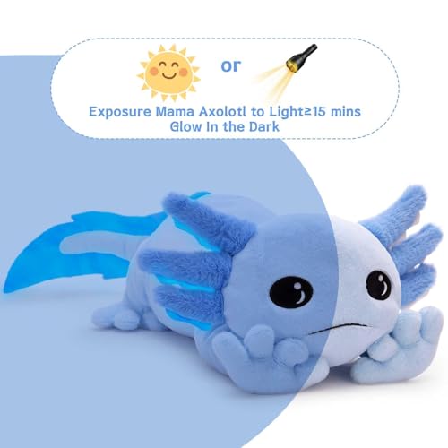 Image of MaoGoLan 5 Pcs Axolotl Stuffed Animal with 4 Babies, 31.5 inch, Blue | Glow in The Dark Axolotl Plush Pillow for Girl Boy Kid, Soft Long Salamander Plushies for Birthday Gift Baby Shower Decor,