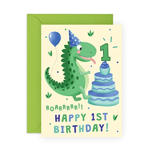 CENTRAL 23 - Tarjeta de primer cumpleaños para niño, tarjeta de cumpleaños de dinosaurio, regalo de primer cumpleaños para niños, hijo, nieto, sobrino, viene con divertidas pegatinas