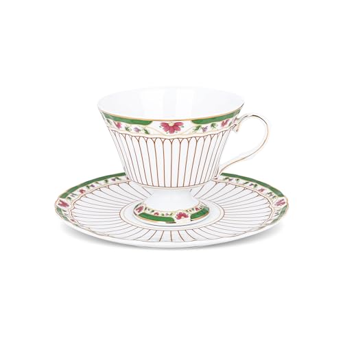 Image of fanquare Vintage Green Stripes Porcelain Cup and Saucer Set of 1, 170ml