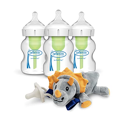 Image of Dr. Brown’s Natural Flow® Anti-Colic Options+™ Wide-Neck Glass Baby Bottles 5 oz/150 mL, with Level 1 Slow Flow Nipple, 3 Pack & Triceratops Lovey with HappyPaci Pacifier, 0m+