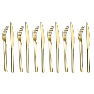 Gold Steak Knives Set 12 Piece, Premium Stainless Steel 6 Dinner Forks and 6 Dinner Knives Set, Steak Knives Steak Forks for 6 Person, Dishwasher Safe (Shiny Gold)