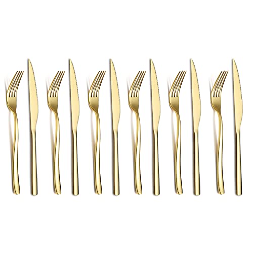 Gold Steak Knives Set 12 Piece, Premium Stainless Steel 6 Dinner Forks and 6 Dinner Knives Set, Steak Knives Steak Forks for 6 Person, Dishwasher Safe (Shiny Gold)