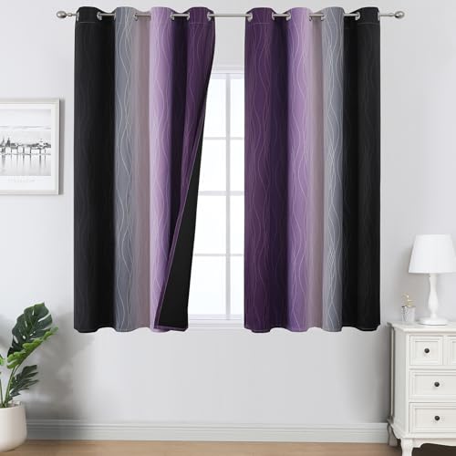 Estelar Textiler Black and Purple Ombre Blackout Curtains 54 Inch Length 2 Panels, Full Room Darkening Gradient Drapes for Kitchen, Thermal Insulated Grommet Short Curtains for Bedroom,52Wx54L