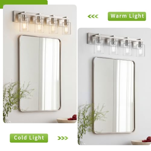 Image of Bathroom Vanity Light, 4 Light Brushed Nickel Vanity Lights with Thickened Seeded Glass Shade, 30 inch Modern Bathroom Light Fixtures, Bathrooms Lights Fixtures Over Mirror