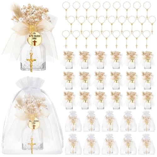 Reallnaive 24 Set Holy Water Bottles Gift Set Catholic Baptism Favor for Holy Container with Rosary for Christening First Communion Daily Prayer & Blessings Wedding & Funeral (Boho)