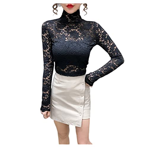 [UMIYI] 総レース トップス 透かし 花柄レースシャツ インナー カットソー レディース ハイネック 透け感 ブラウス 長袖 Tシャツ タートルネック エレガント 重ね着 スカラップ ストレッチ 透かしレース セクシー レイヤード 無地 セクシー スリム 大人,ブラック - UMIYI - 商品画像