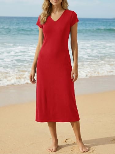 Image of Wenrine Womens Short Sleeve T-Shirt Dress V Neck Summer Casual Midi Dresses