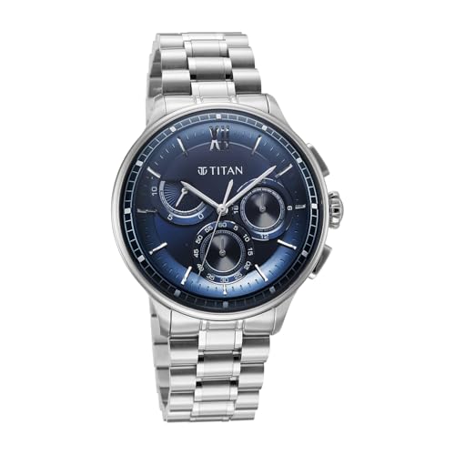 Image of Titan Classique Half Cut Chronograph Quartz Analog with Blue Dial Silver Stainless Steel Strap Watch for Men - 90218SM02