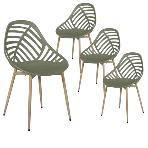 AltoBuy SAORI - Lot de 4 Chaises de Jardin Coque Plastique Ajourée Vert Olive Pieds Métal