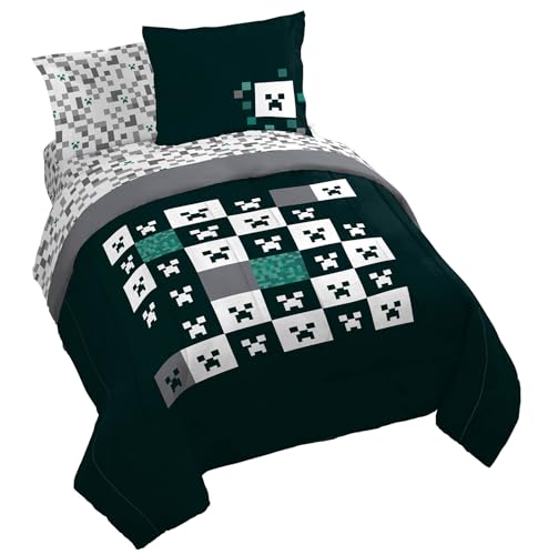Image of Minecraft Creeper Queen Comforter Set 7 Piece Video Game Bedding, Green | Zombie Enderman, Comforter Sheets Shams Pillowcases, Official Product, Soft Microfiber, Machine Washable, Kids Gift