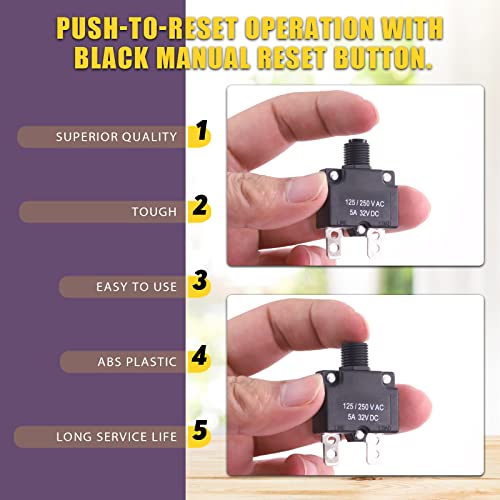 Swpeet 20Pcs 5Amp Thermal Circuit Breaker With 19Cm 6.3Mm Female Spade Terminals Wire Leads And Waterproof Button Caps Kit, Waterproof Push Button Reset Circuit Breaker 32V Dc 125/250Vac 50/60Hz #TOP4