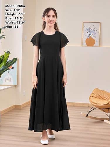 GORLYA Girls Scoop Neck Ruffle Sleeve Vintage Elegant Flowy Wedding Party Long Maxi Chiffon Dress 10-16Y4