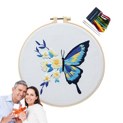 Kit de bordado de mariposa para principiantes – Juego de bordado de flores de mariposa – Kits de bordado con sello para principiantes incluyen hilos de aro y agujas de bordado de tela de bordado
