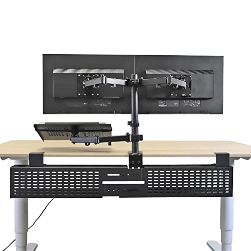 AEONS Dual Monitor and Laptop Desk Mount Combo Stand with Notebook Tray fits 17 inch, 3-in-1 Adjustable Triple Arm Mount fits 27 inch LCD Screen with VESA, Clamp and Cable Management, Black