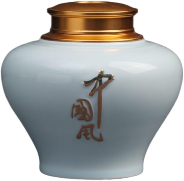 SONGCHAO Sugar Jar Celadon Loose Tea Storage Container Jar Ceramic Sealed Double Layer Metal Lid Chinese Set Single Tea Canister(D)