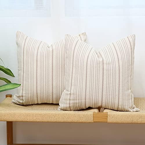 Kiuree Khaki and Beige Farmhouse Throw Pillow Covers 18 x 18, Modern Accent Square Decorative Pillow Case, Set of 2 Stripes Textured Linen Throw Pillow Case for Sofa Couch Chair Bedroom(Khaki)