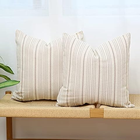 Kiuree Khaki and Beige Farmhouse Throw Pillow Covers 24 x 24, Modern Accent Boho Decorative Pillow Case, Set of 2 Stripes Textured Linen Throw Pillow Case for Sofa Couch Chair Bedroom(Khaki) Cover