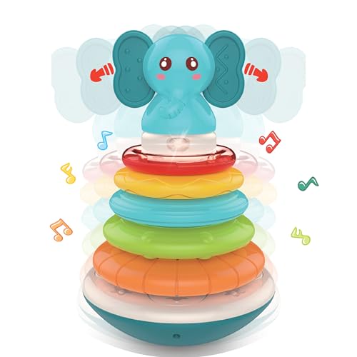 Image of PlenPLAY Baby Tummy Time Toys - Musical Stacking Rings for Toddlers 1-3, Sensory Learning Toys with Elephant Themed Stackable Rings