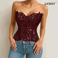 LEACOOLKEY Damen Corsage Korsett Top Bustiers Vollbrust Spitze Corsette Burgund 2XL – Ansicht 2