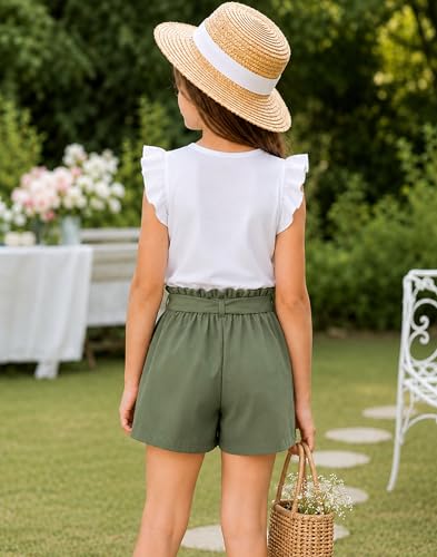 Image of Girls Summer Outfits Cute Sleeveless Top High Waisted Short Sets with Pockets Teen Girl Clothes Size 6-14 T