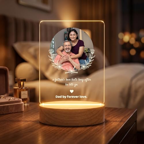 Image of Giftplease Fathers Day Personalized Rectangle Acrylic LED Frame - Custom Single Round Photo Wood Stand Tabletop Showcase with Floral Wreath Graphic For Grandpa Birthday, Dad, Stepdad
