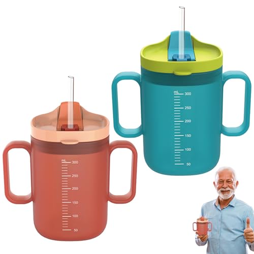 Pack de 2 vasos con pico para personas mayores, 300 ml, vaso a prueba de fugas con doble asa y pajita, vaso con pico para personas mayores, Sippy Cup Adult con tapa, recordatorio de bebida, marca de