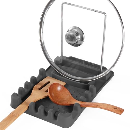 Silicone Utensil Rest with Foldable Stainless Steel Lid Holder – Multi-Slot Spoon & Spatula Holder, Heat Resistant, Non-Slip Rubber Feet, Dishwasher Safe, Space-Saving Kitchen Tool-grey