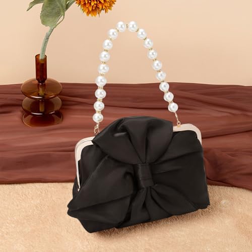 Image of Simcat Womens Clutch Bag,Pleated Satin Handbag Lady Pleated Bow Purse Evening Bag with Chain for Wedding Prom Formal Party