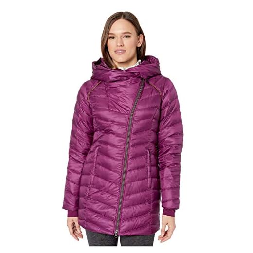 Spyder Women’s Timeless Long Down Jacket – Paneled Puffy Lightweight Hooded Full Zip, Small, Raisin