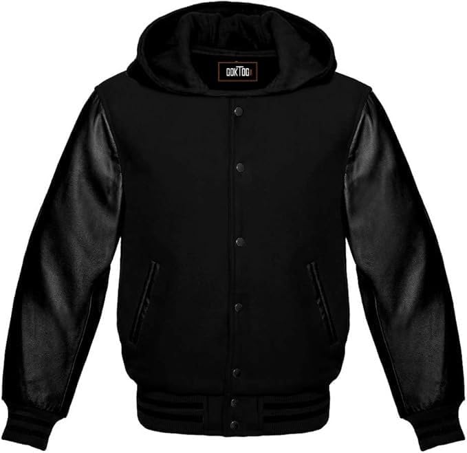 Hooded Varsity Jacket Women, Baseball Letterman Wool Body Genuine Leather Sleeves Bomber Jackets with Hood