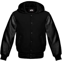 Hooded Varsity Jacket Women, Baseball Letterman Wool Body Genuine Leather Sleeves Bomber Jackets with Hood