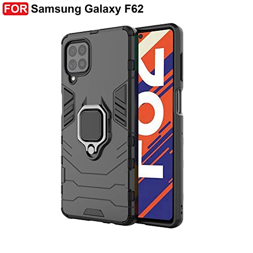 Image of CEDO Kickstand Cover for Samsung Galaxy F62 (4G) Rugged Case | Built-in Stand Rotating Ring Holder | Military Grade Armor Bumper Back Cover (Black)